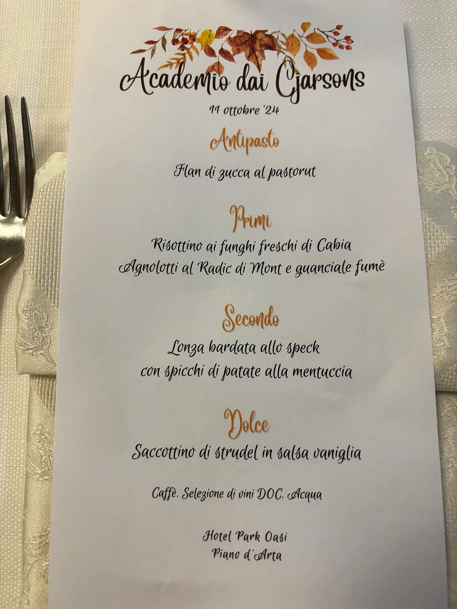 Il menu dell'Accademia dei Cjarsons a Moruzzo
