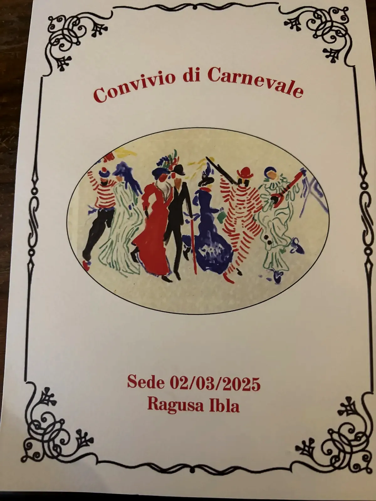 La copertina del menu del Convivio di Carnevale 2025