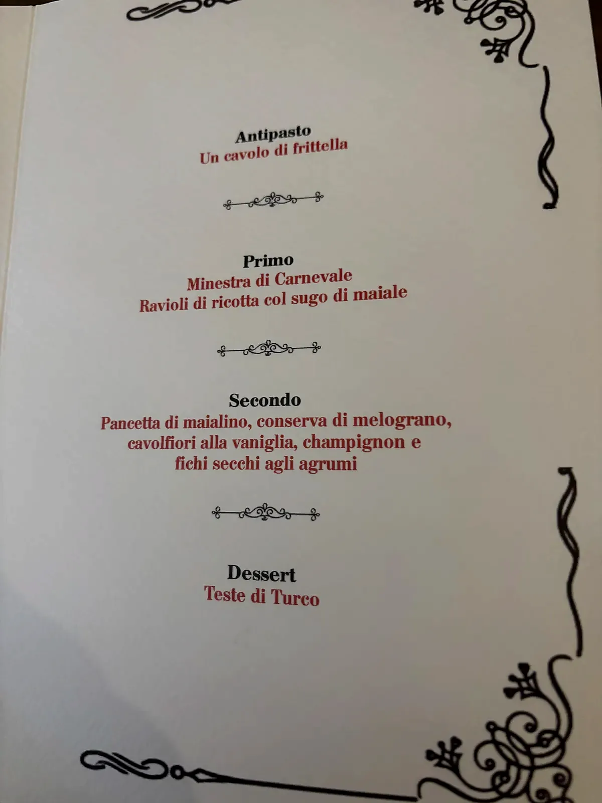 Il menu completo del Convivio di Carnevale 2025